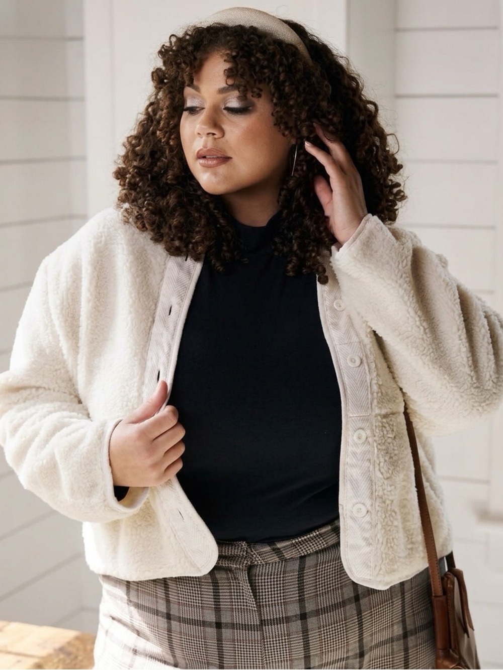 ABLE Enola Plush Cozy Sherpa Button Up Jacket Collarless Sz Small -Antique White